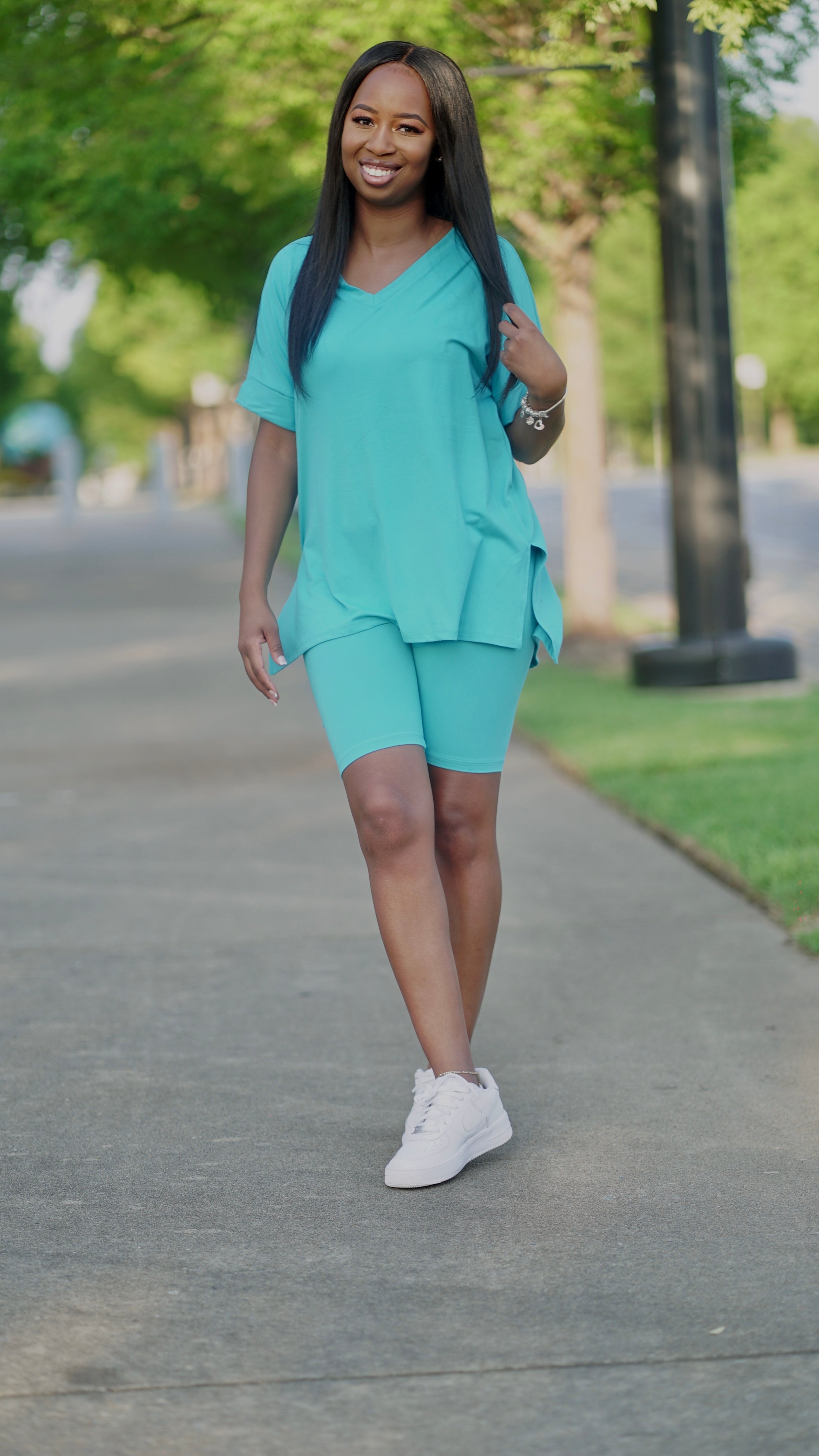 V- Neck Essential Biker Set - Ice Blue